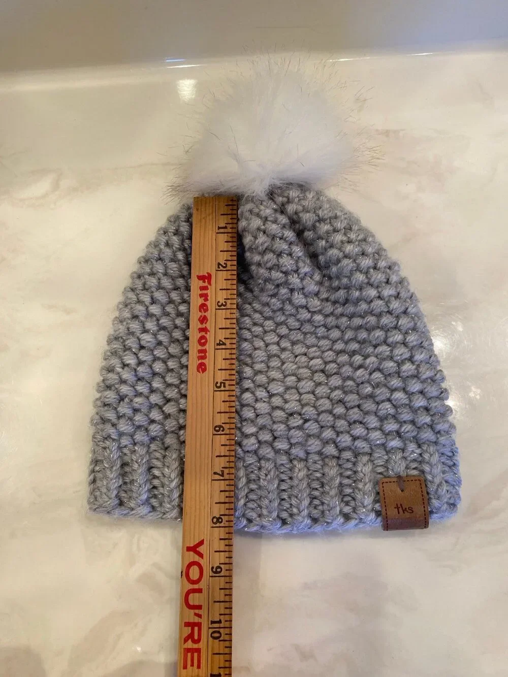 Boutique Gray Knit Pom Beanie‎ Cozy Stocking Hat Sparkle Thread Faux Fur Pom